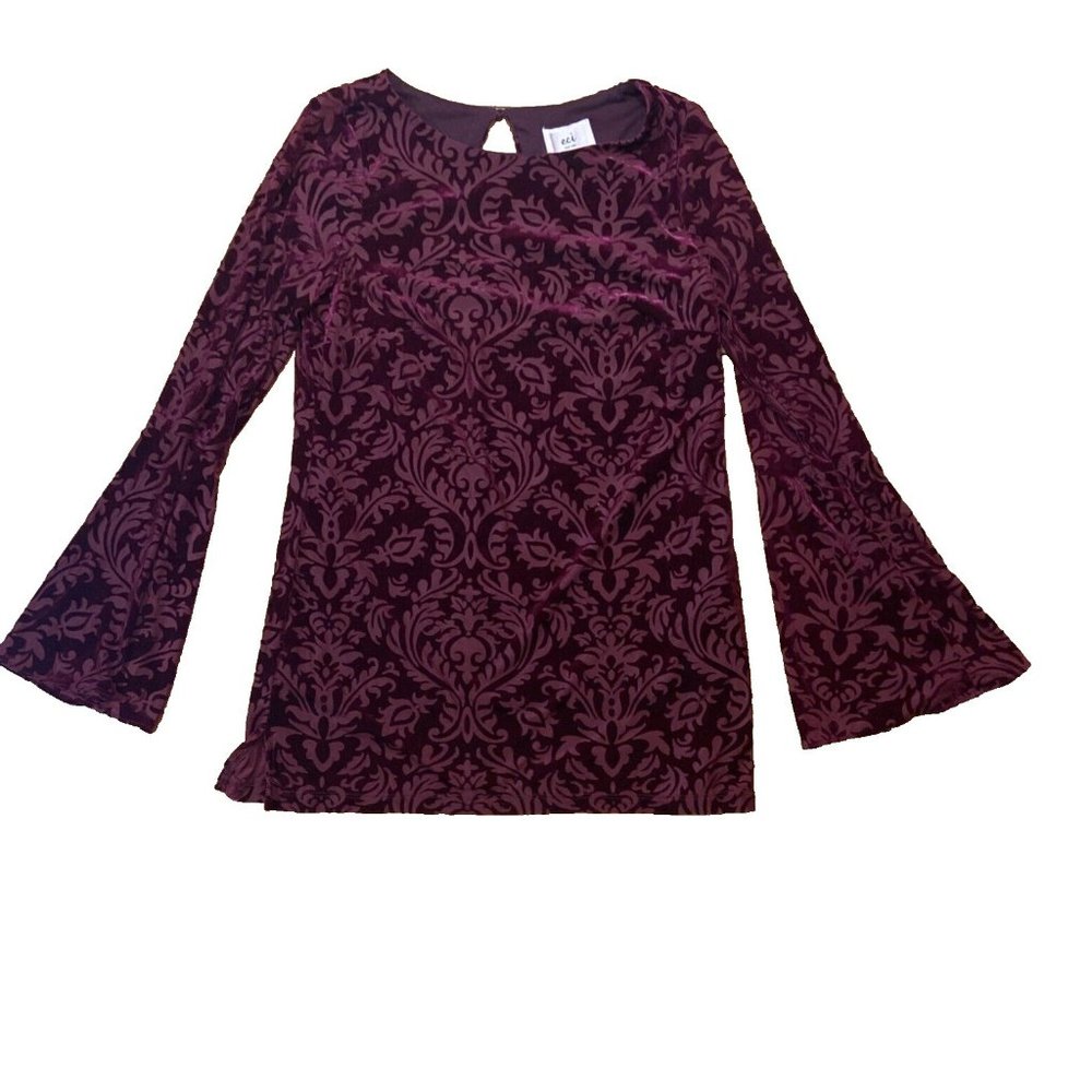 ECI New York Top Shirt Red Blouse Floral Velvet Woman Size Small Long sleeve